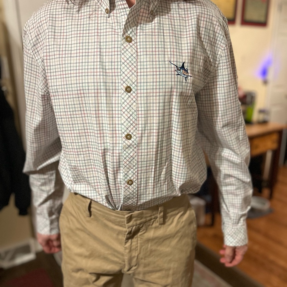 Guy Harvey Men's White and Blue Checkered Button Down Shirt